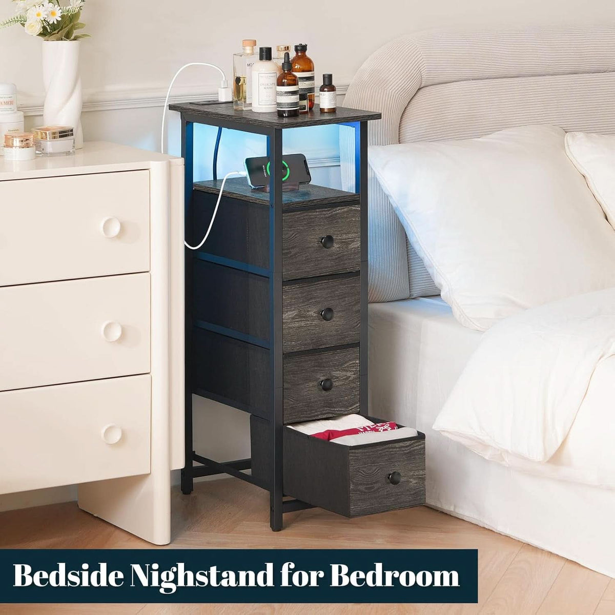 Narrow Dresser Nightstand With Led Charging Station
