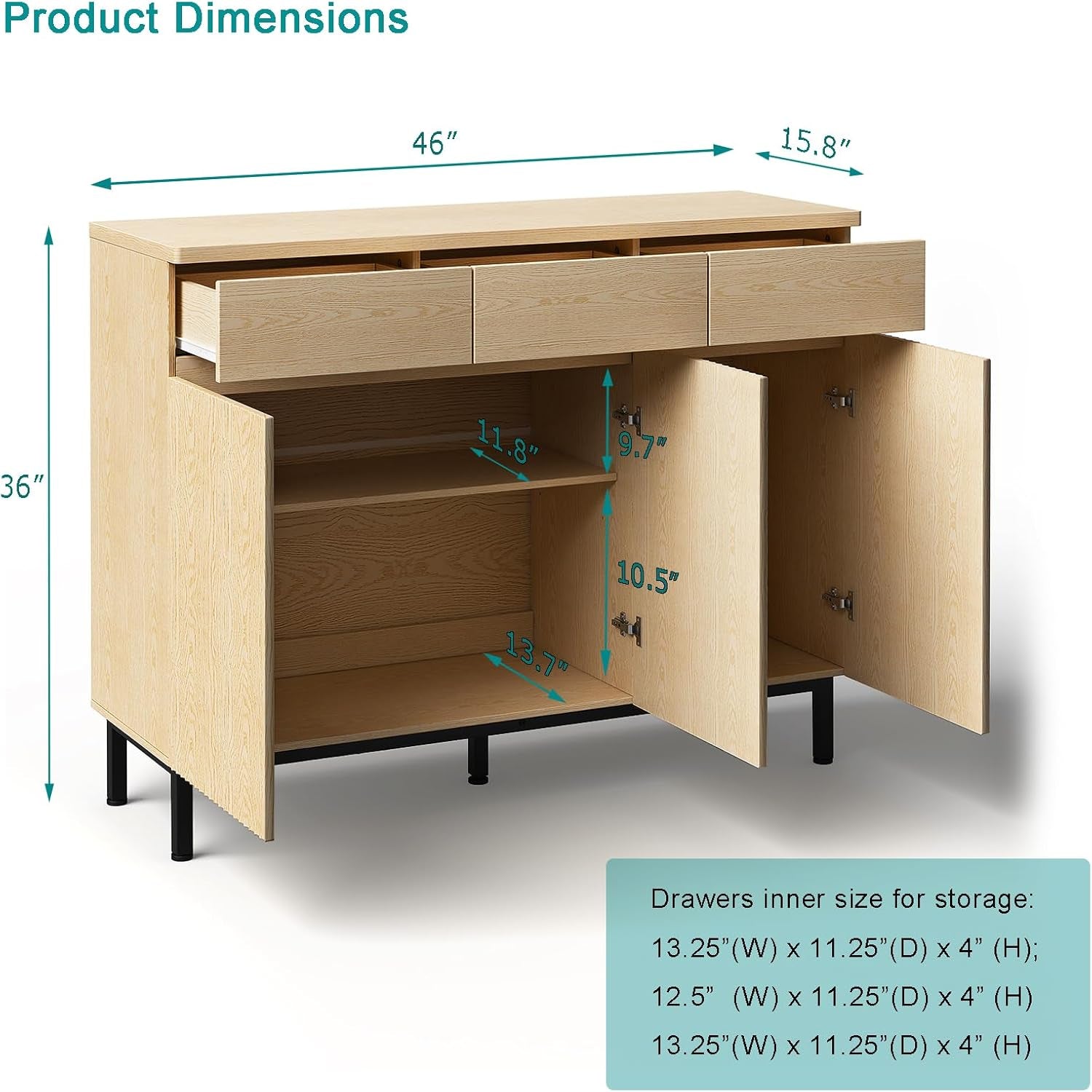 Natural 46 Inch LED Sideboard Buffet Cabinet Storage