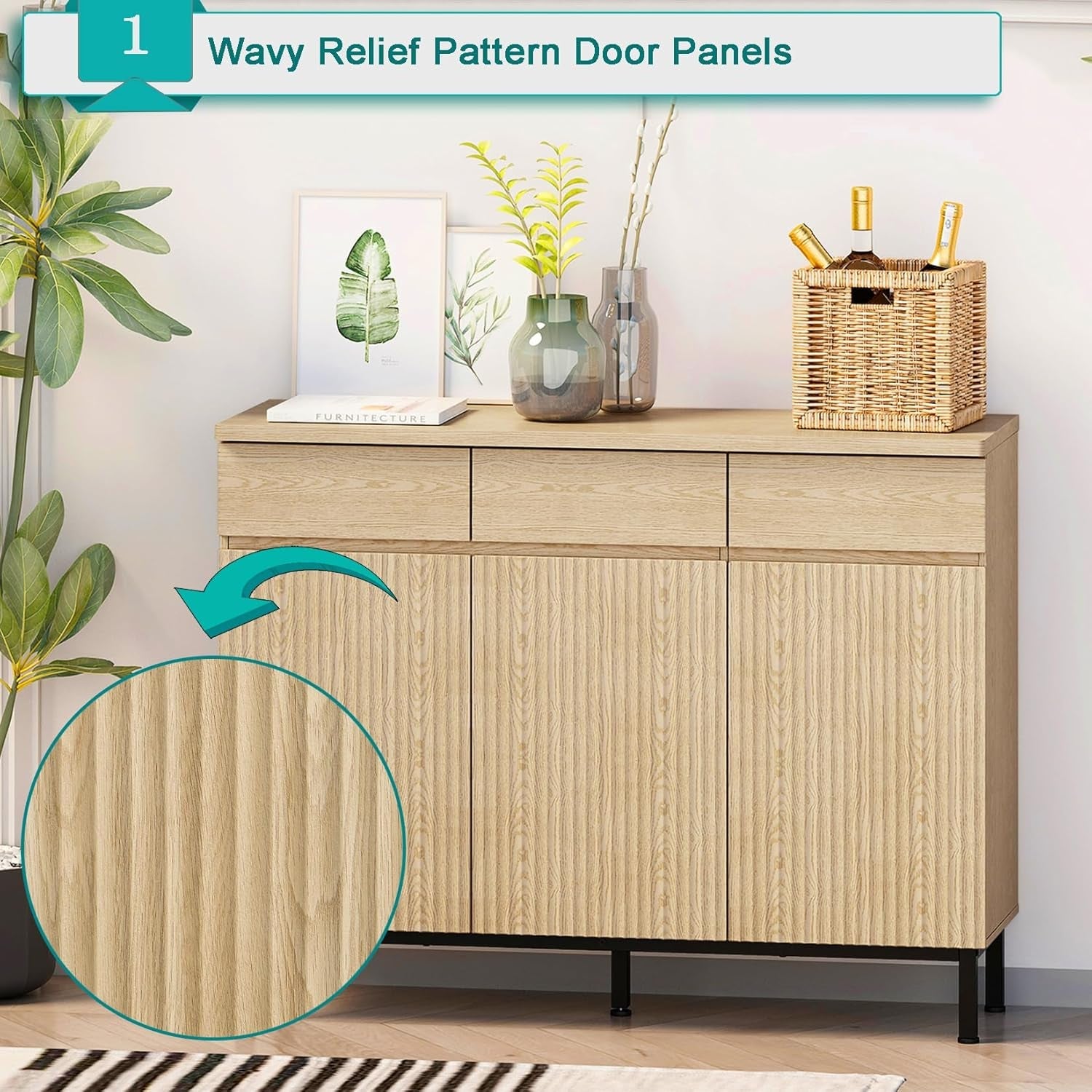 Natural 46 Inch LED Sideboard Buffet Cabinet Storage
