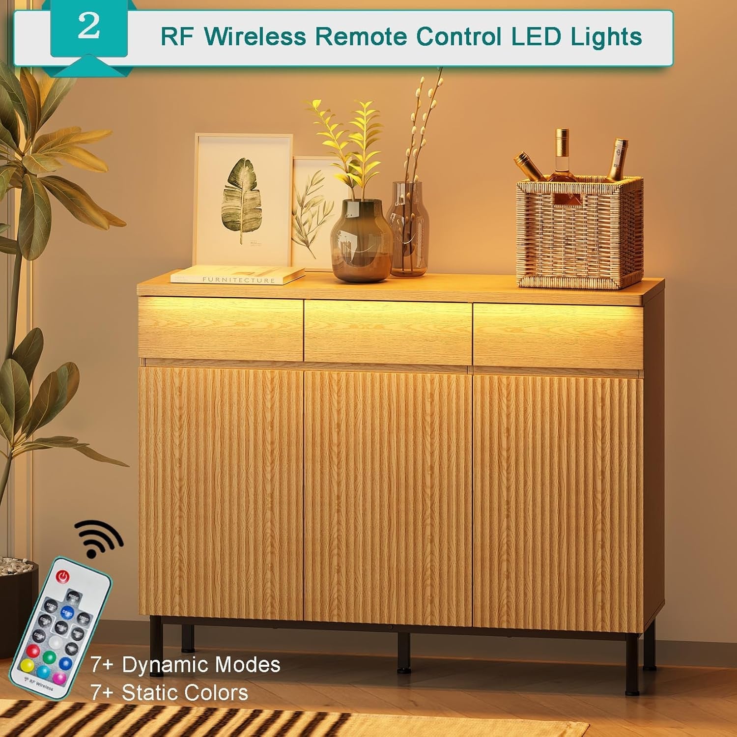 Natural 46 Inch LED Sideboard Buffet Cabinet Storage