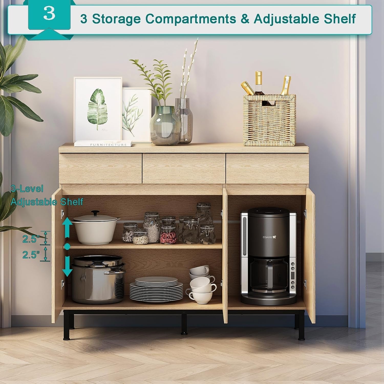 Natural 46 Inch LED Sideboard Buffet Cabinet Storage
