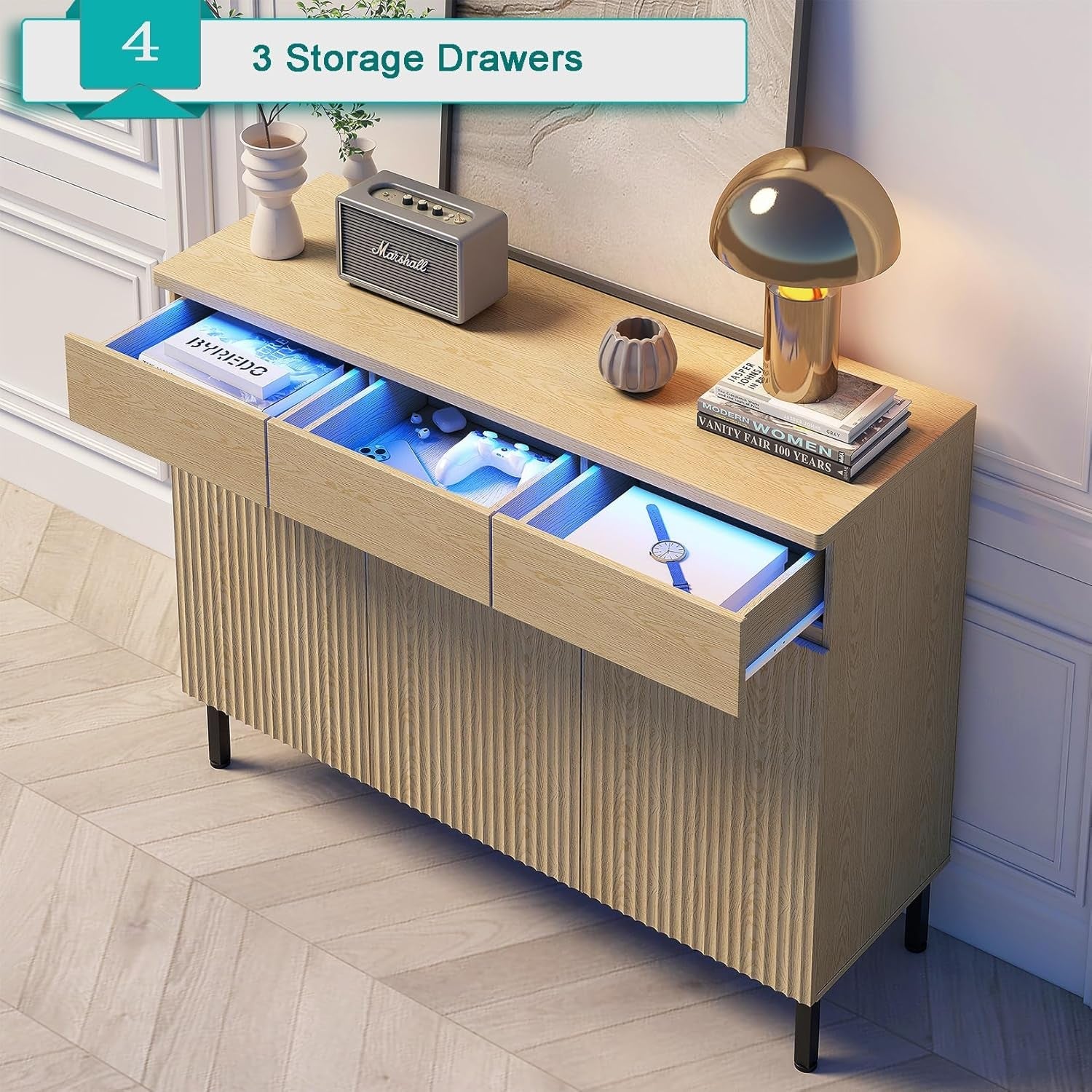Natural 46 Inch LED Sideboard Buffet Cabinet Storage
