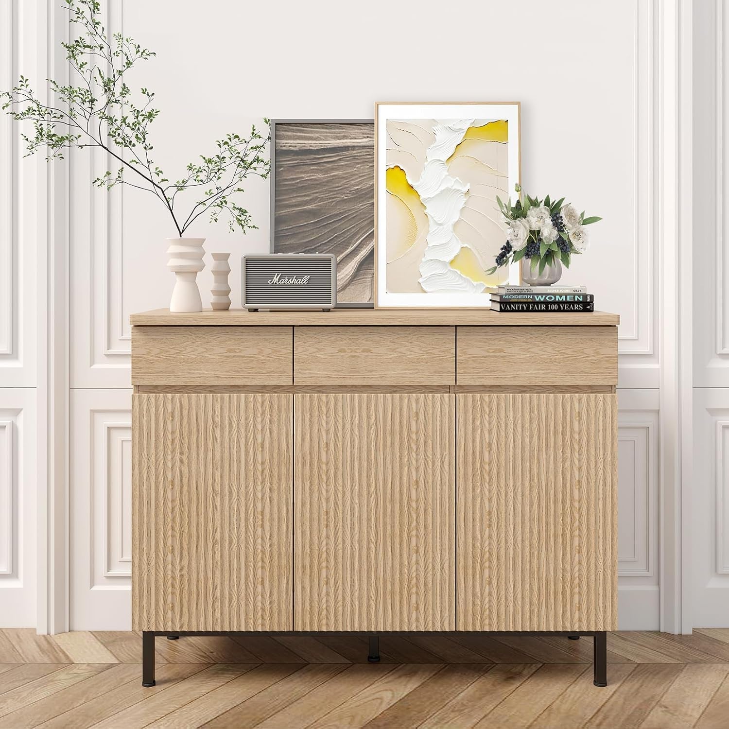 Natural 46 Inch LED Sideboard Buffet Cabinet Storage