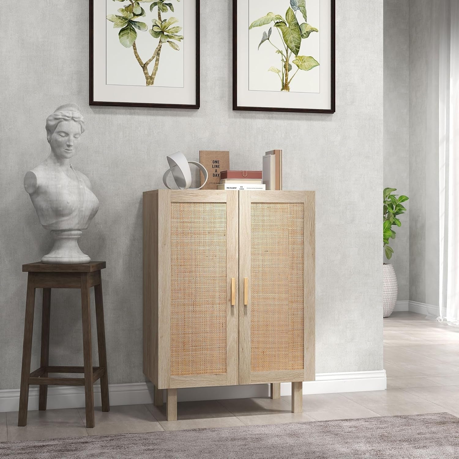 Natural Boho Rattan Sideboard With Adjustable Shelves