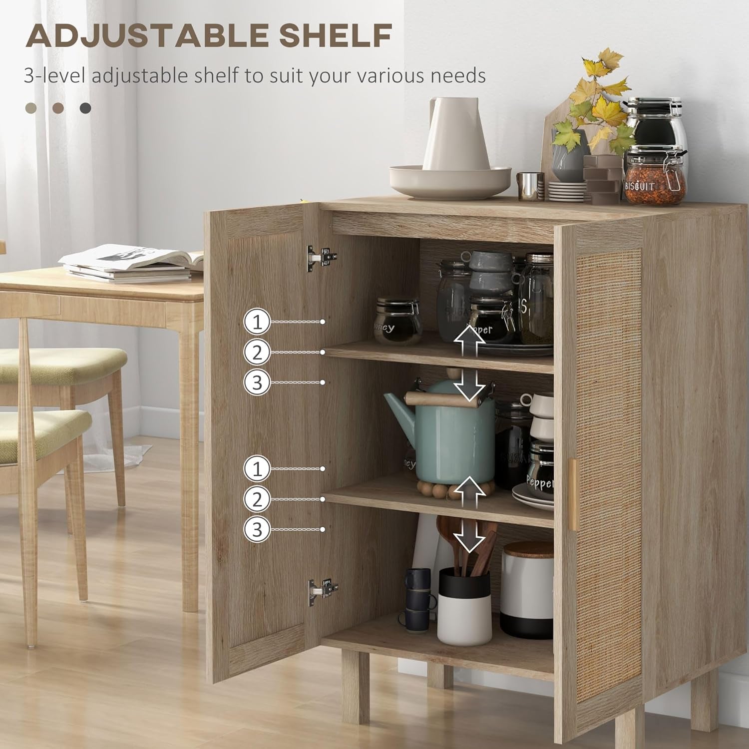 Natural Boho Rattan Sideboard With Adjustable Shelves