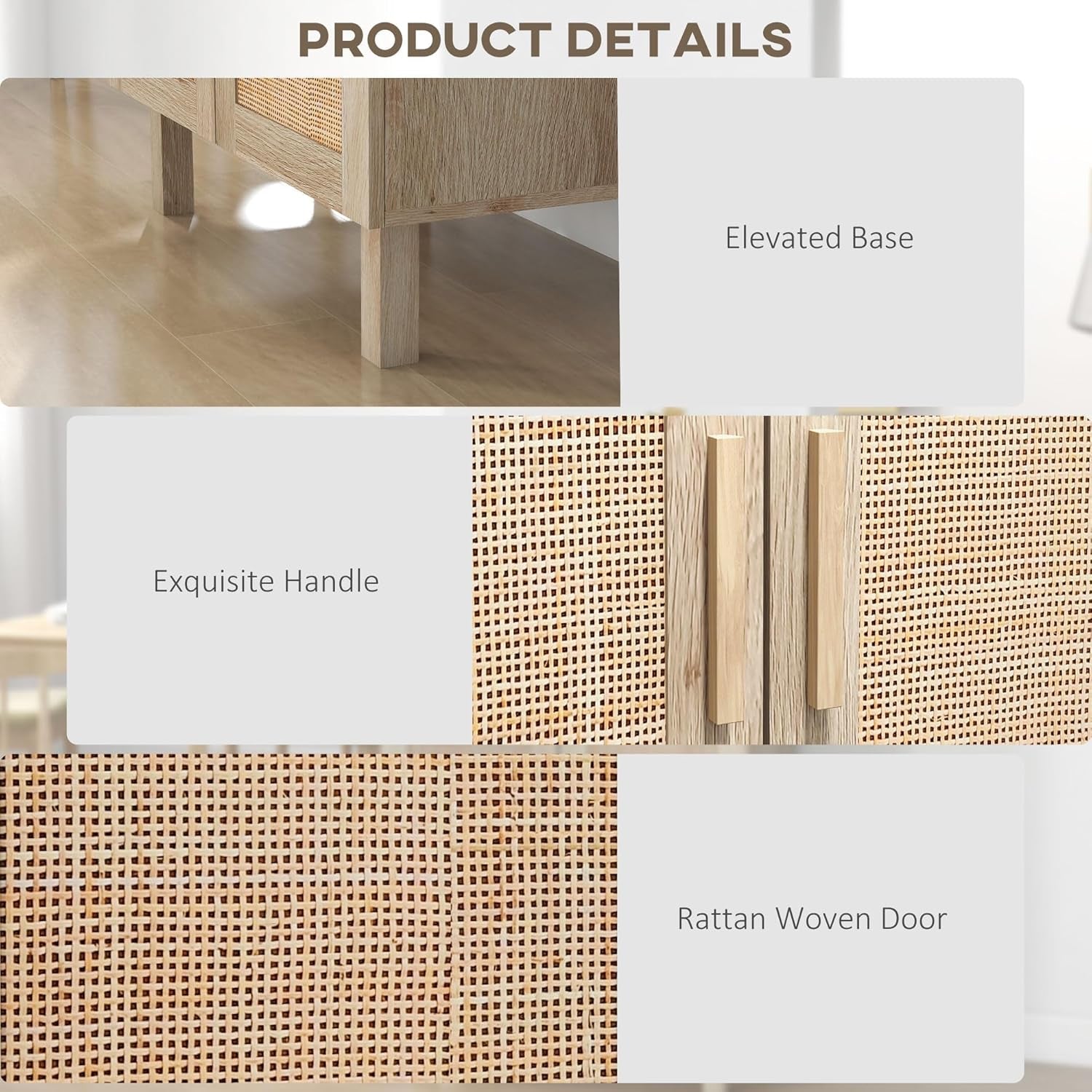 Natural Boho Rattan Sideboard With Adjustable Shelves