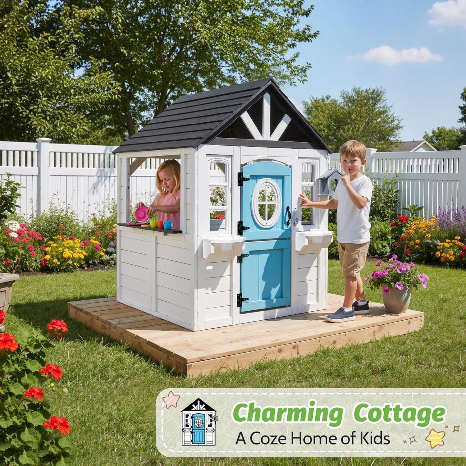 Natural Cedar Outdoor Kids Playhouse With Kitchenette