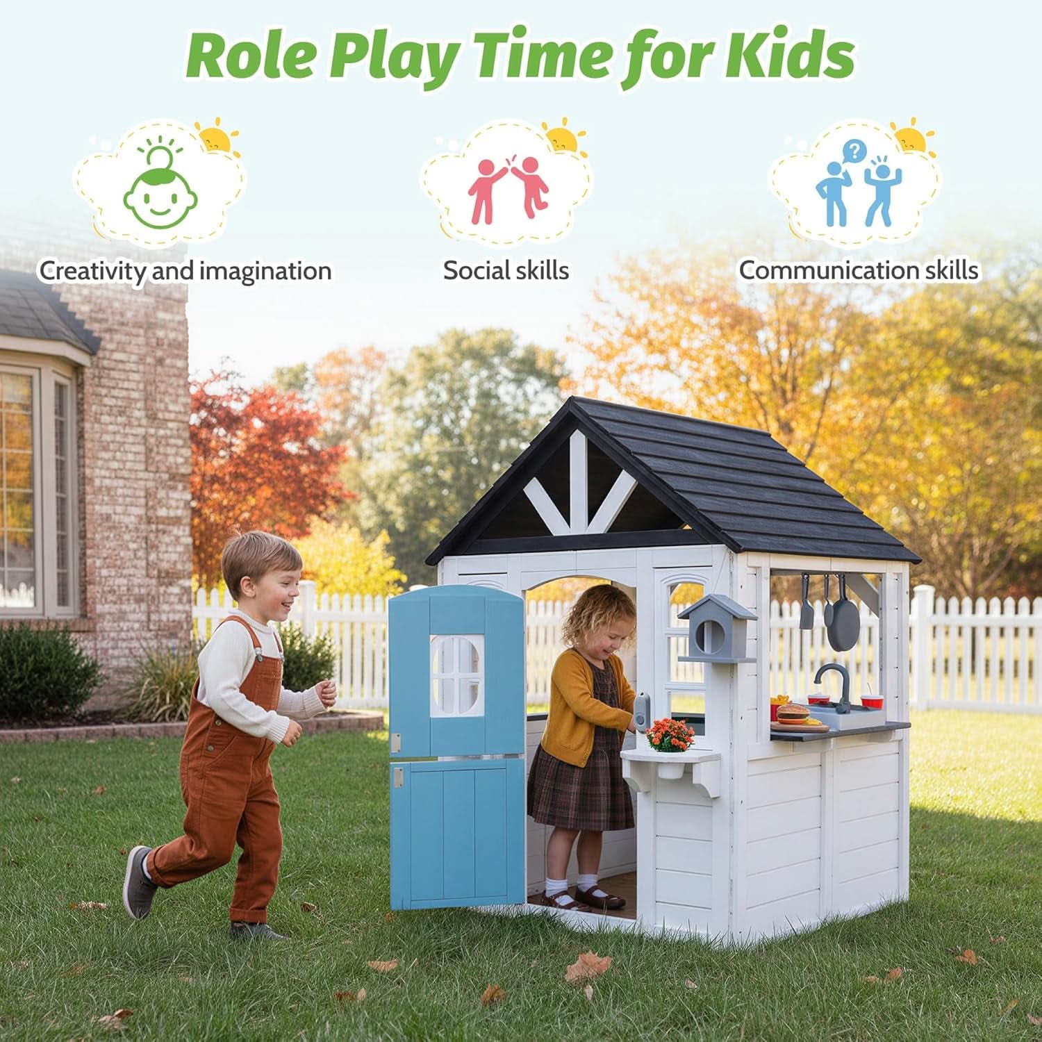 Natural Cedar Outdoor Kids Playhouse With Kitchenette