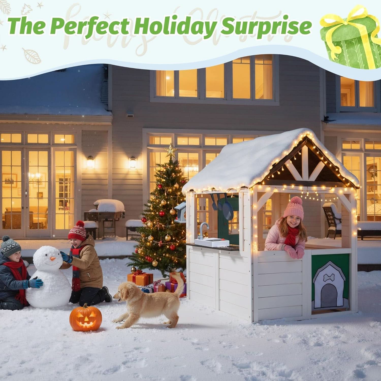 Natural Cedar Outdoor Kids Playhouse With Kitchenette