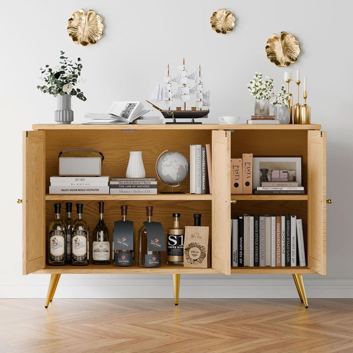 Natural Finish Buffet Cabinet Pair With Rattan Doors
