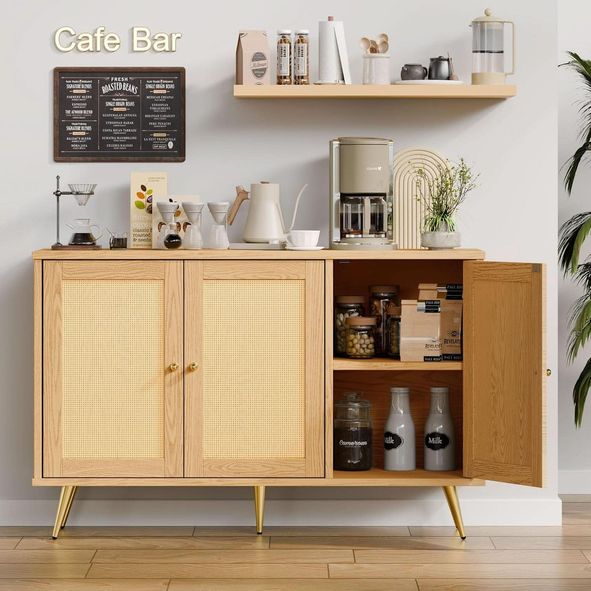 Natural Finish Buffet Cabinet Pair With Rattan Doors