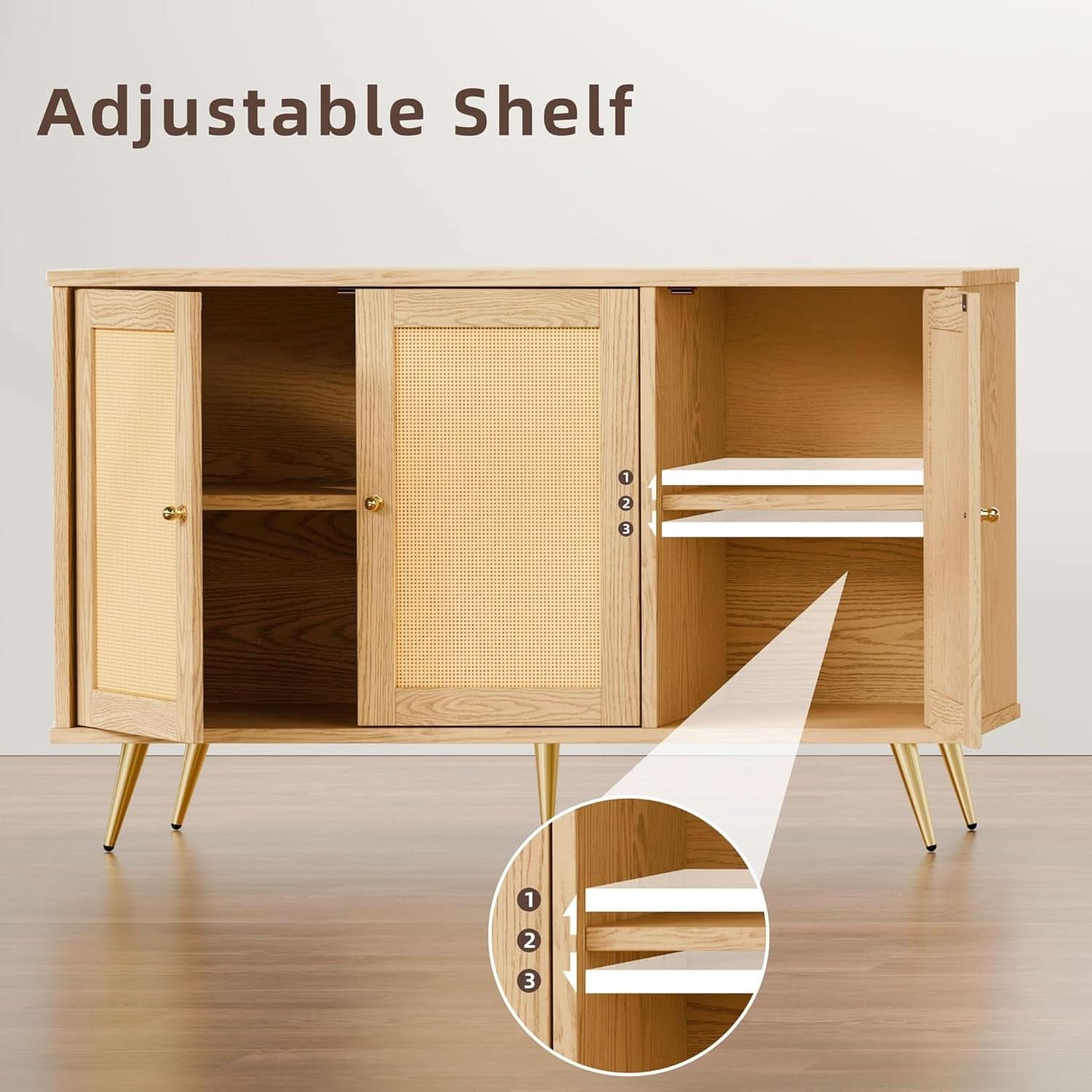 Natural Finish Buffet Cabinet Pair With Rattan Doors