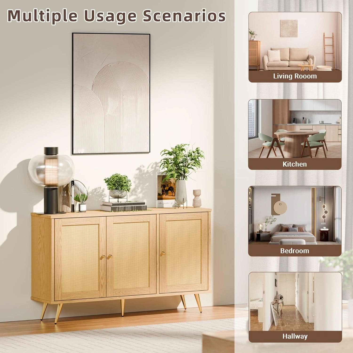 Natural Finish Buffet Cabinet Pair With Rattan Doors
