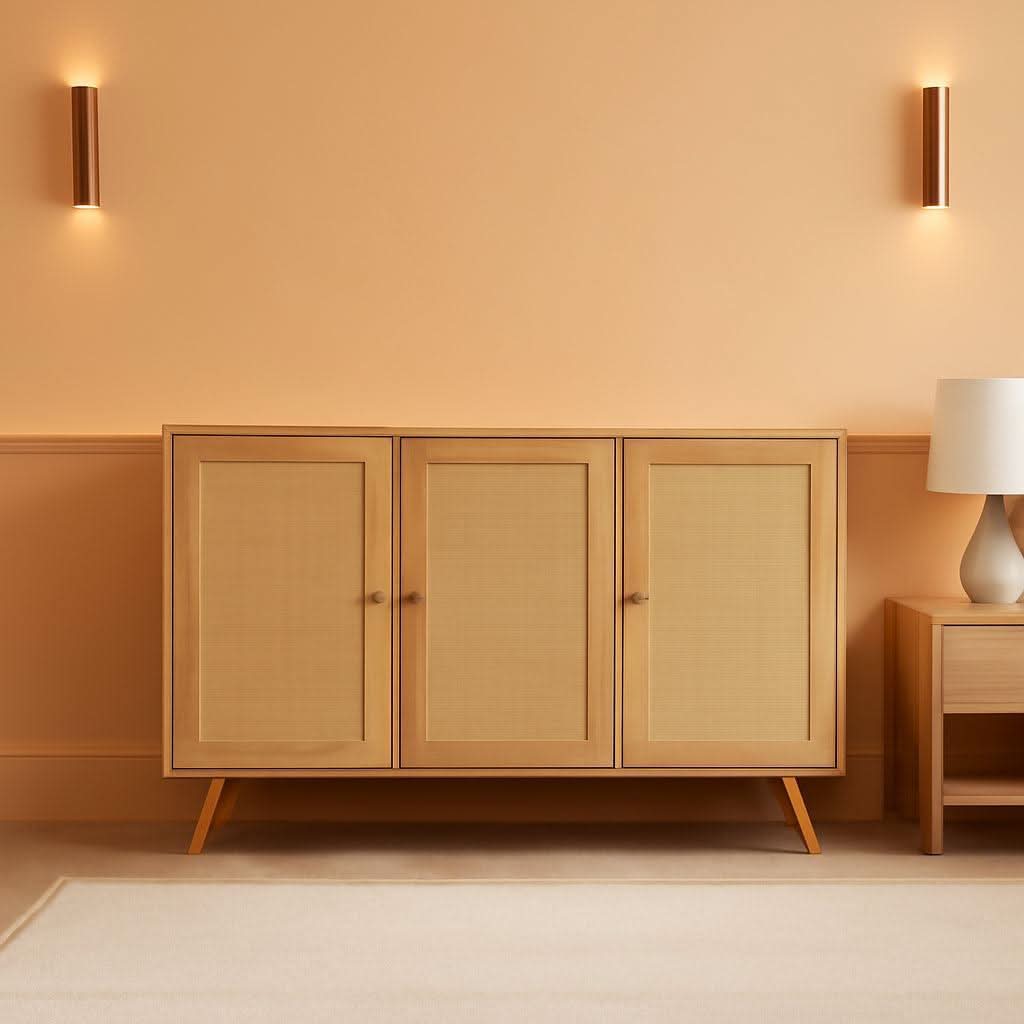 Natural Finish Buffet Cabinet Pair With Rattan Doors