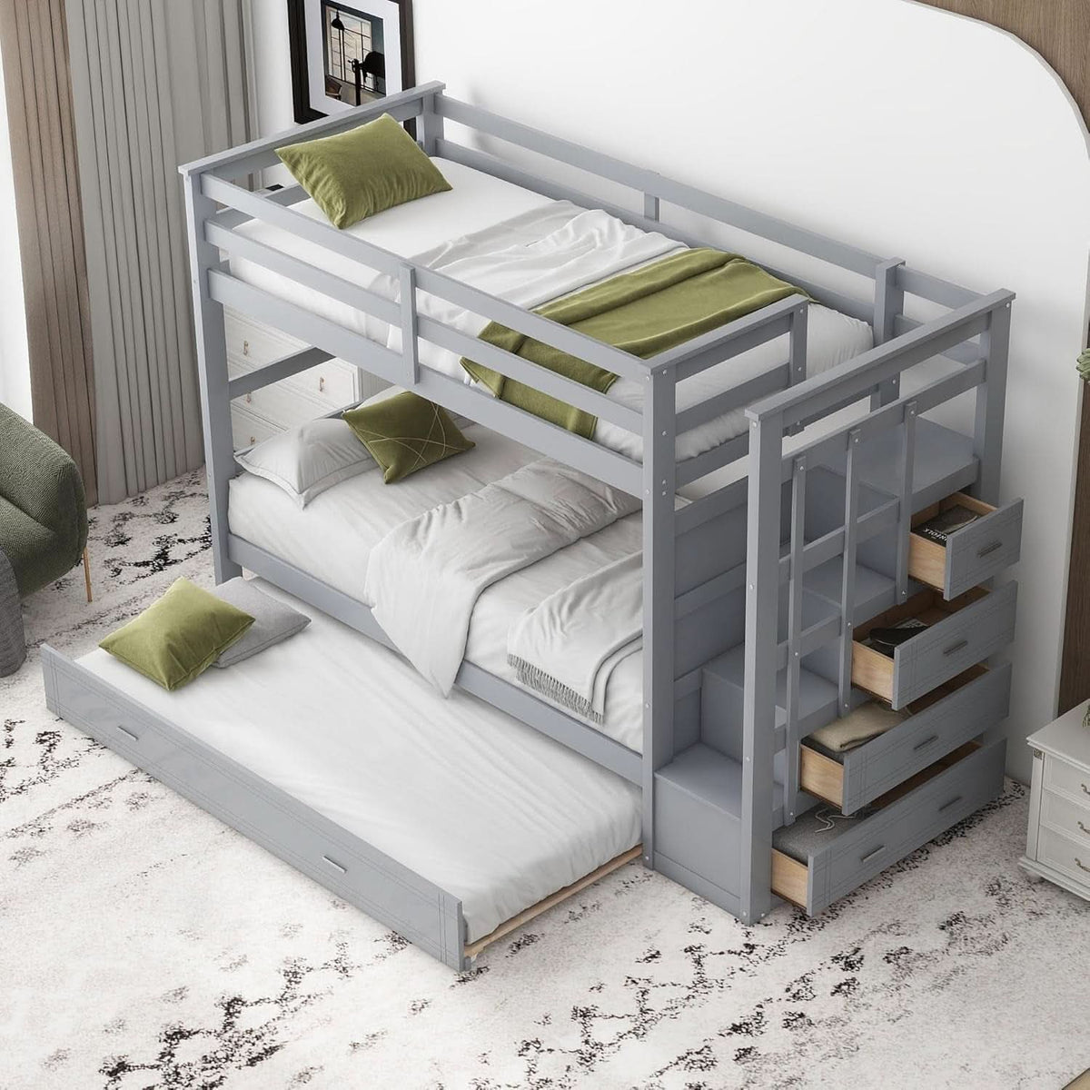 Natural Gray Twin Bunk Bed With Trundle And Stairs
