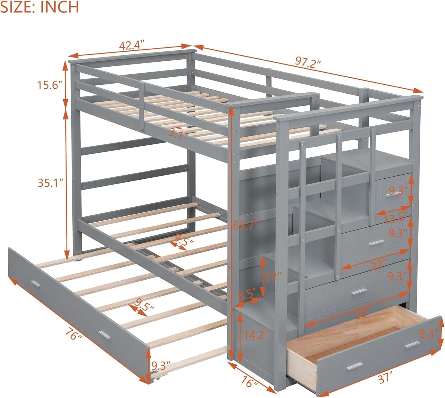Natural Gray Twin Bunk Bed With Trundle And Stairs