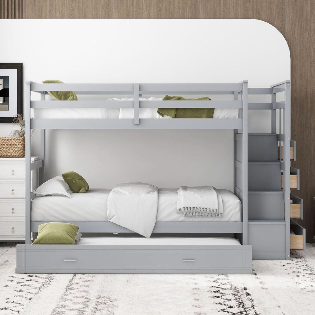 Natural Gray Twin Bunk Bed With Trundle And Stairs