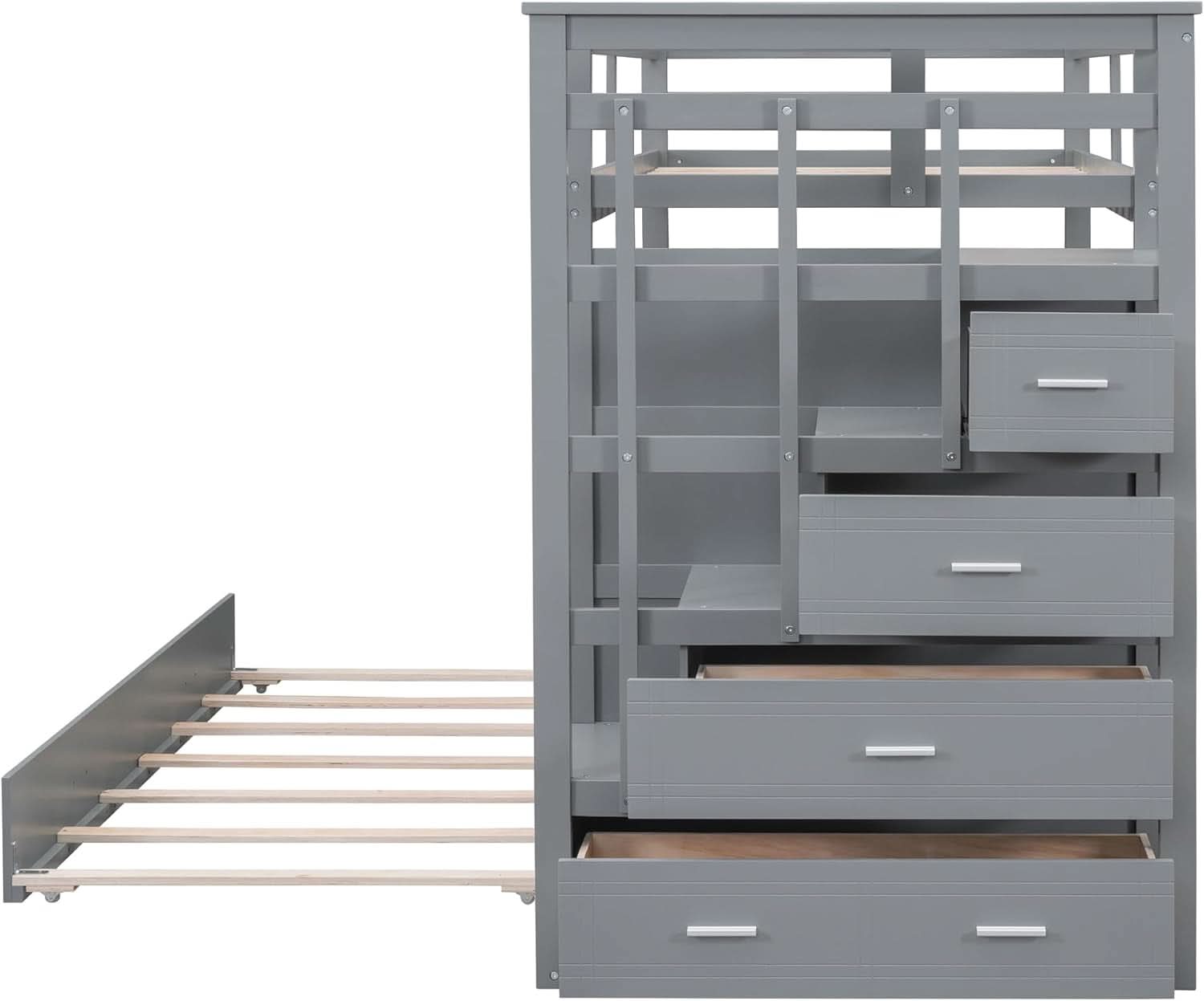 Natural Gray Twin Bunk Bed With Trundle And Stairs