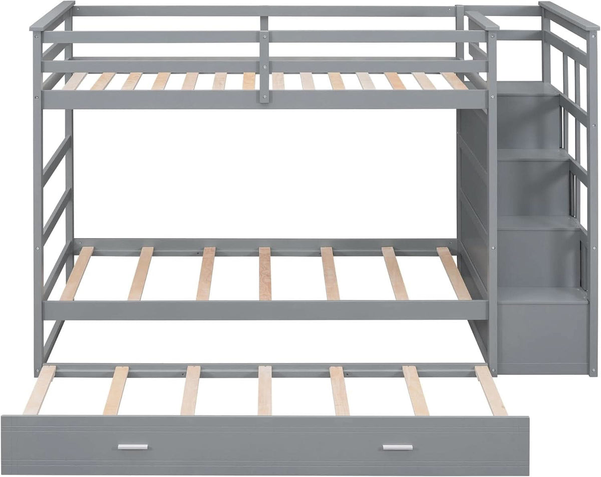 Natural Gray Twin Bunk Bed With Trundle And Stairs