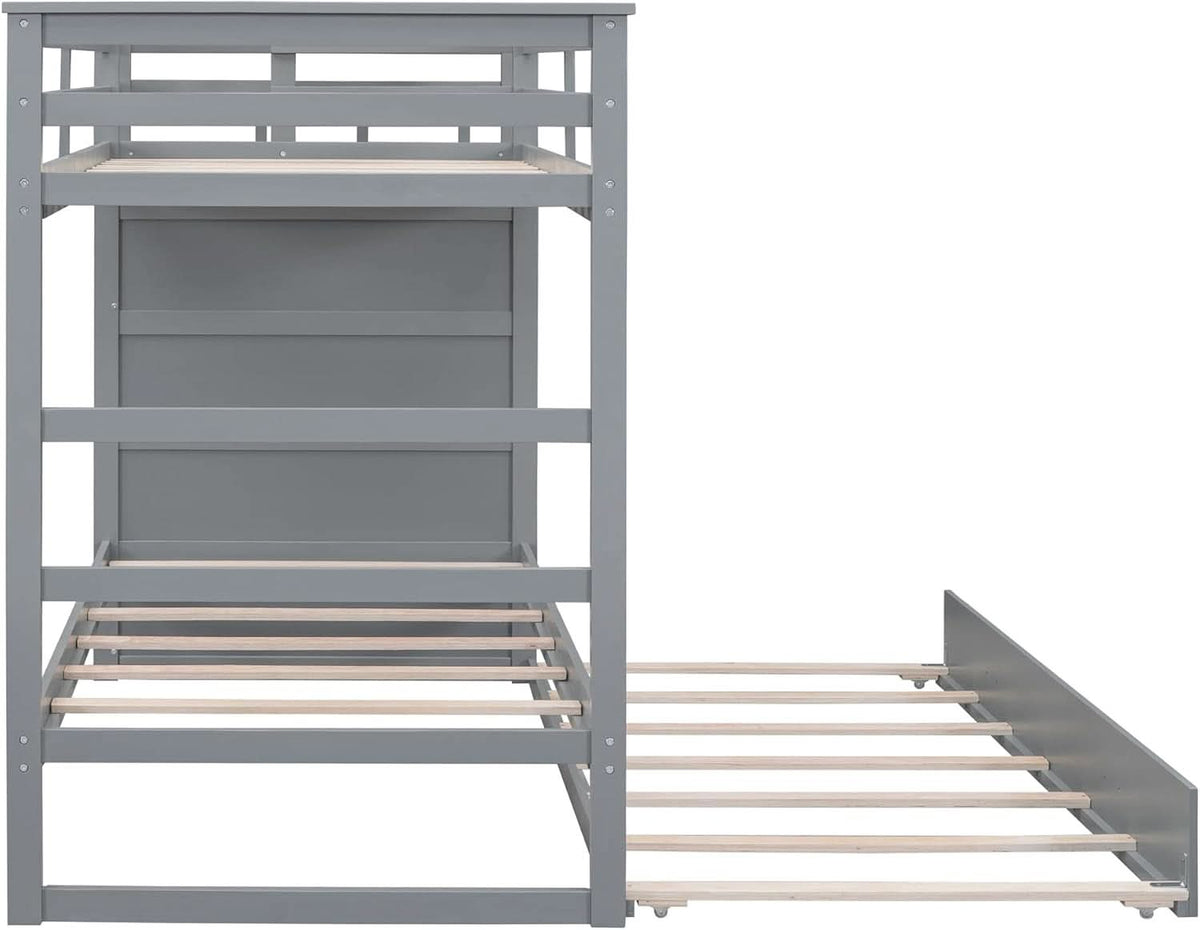 Natural Gray Twin Bunk Bed With Trundle And Stairs