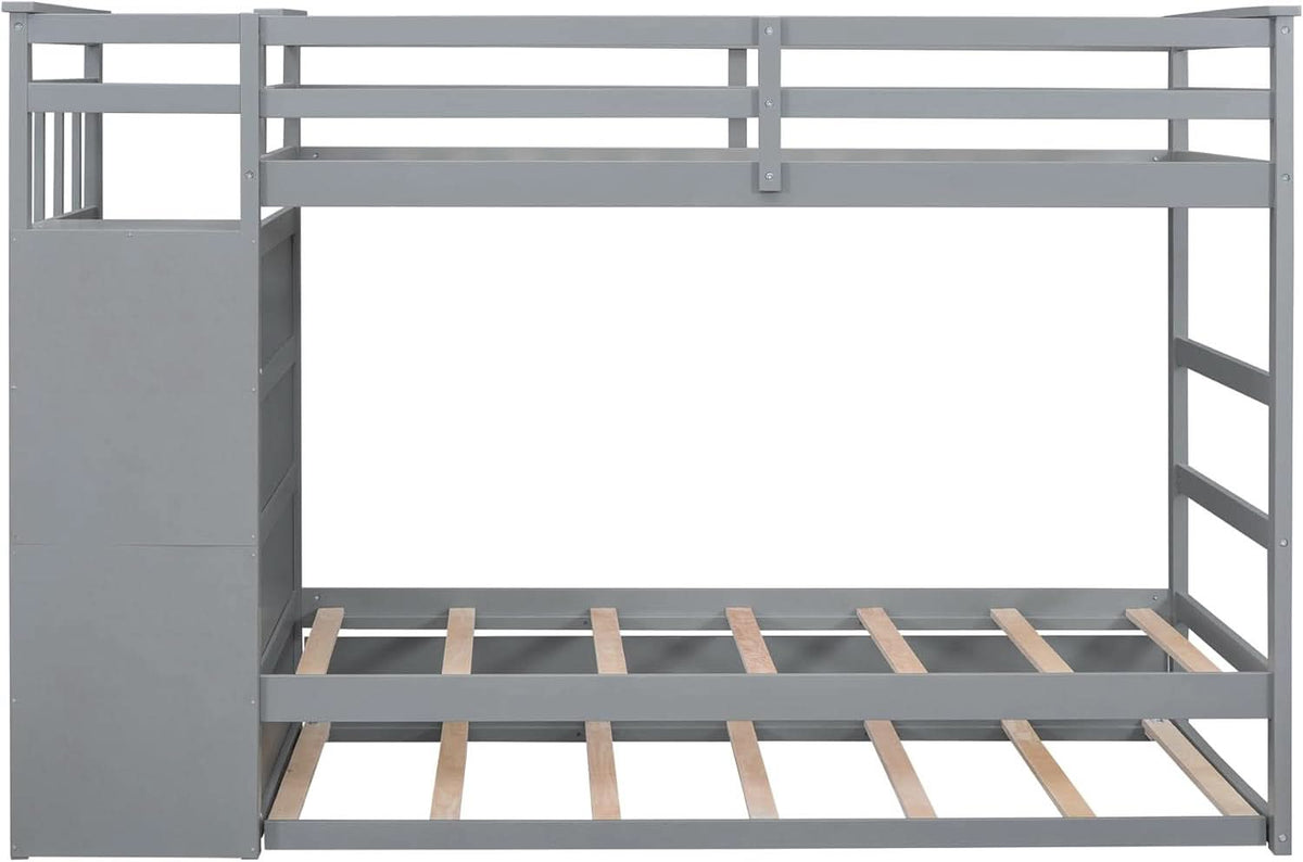 Natural Gray Twin Bunk Bed With Trundle And Stairs