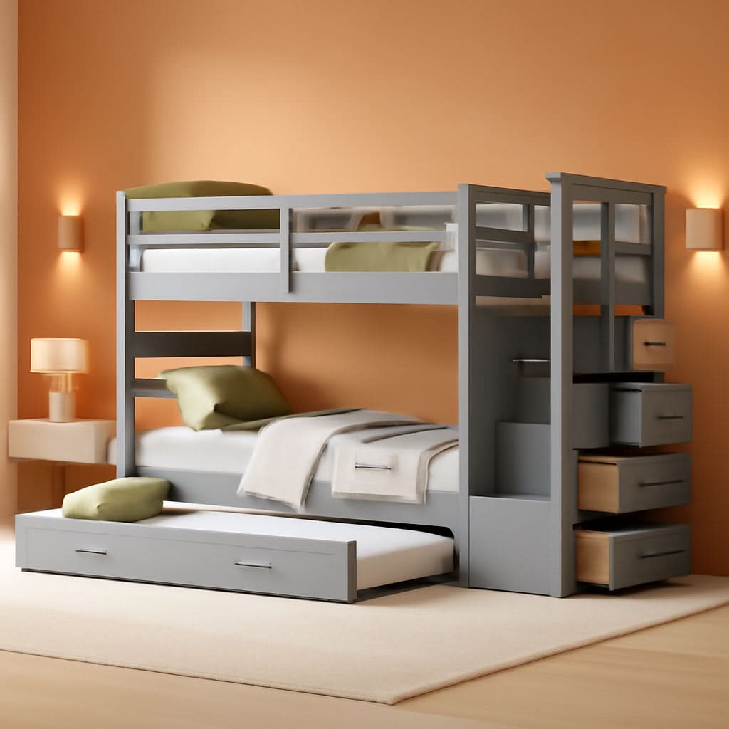 Natural Gray Twin Bunk Bed With Trundle And Stairs