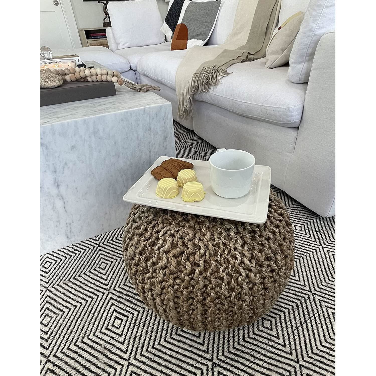 Natural Jute Braided Pouf Ottoman 14 Inch Footrest