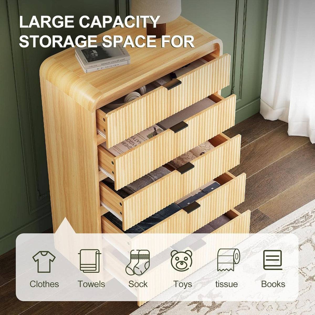Natural Oak 48 Inch Modern Dresser With Fluted Fronts