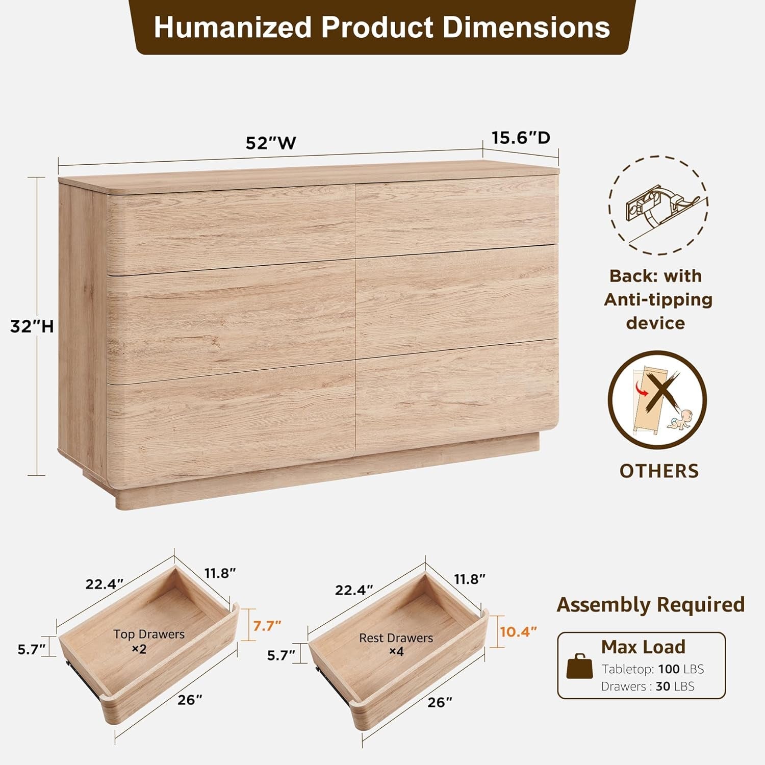 Natural Oak 52 Inch Wide Dresser For Bedroom Storage