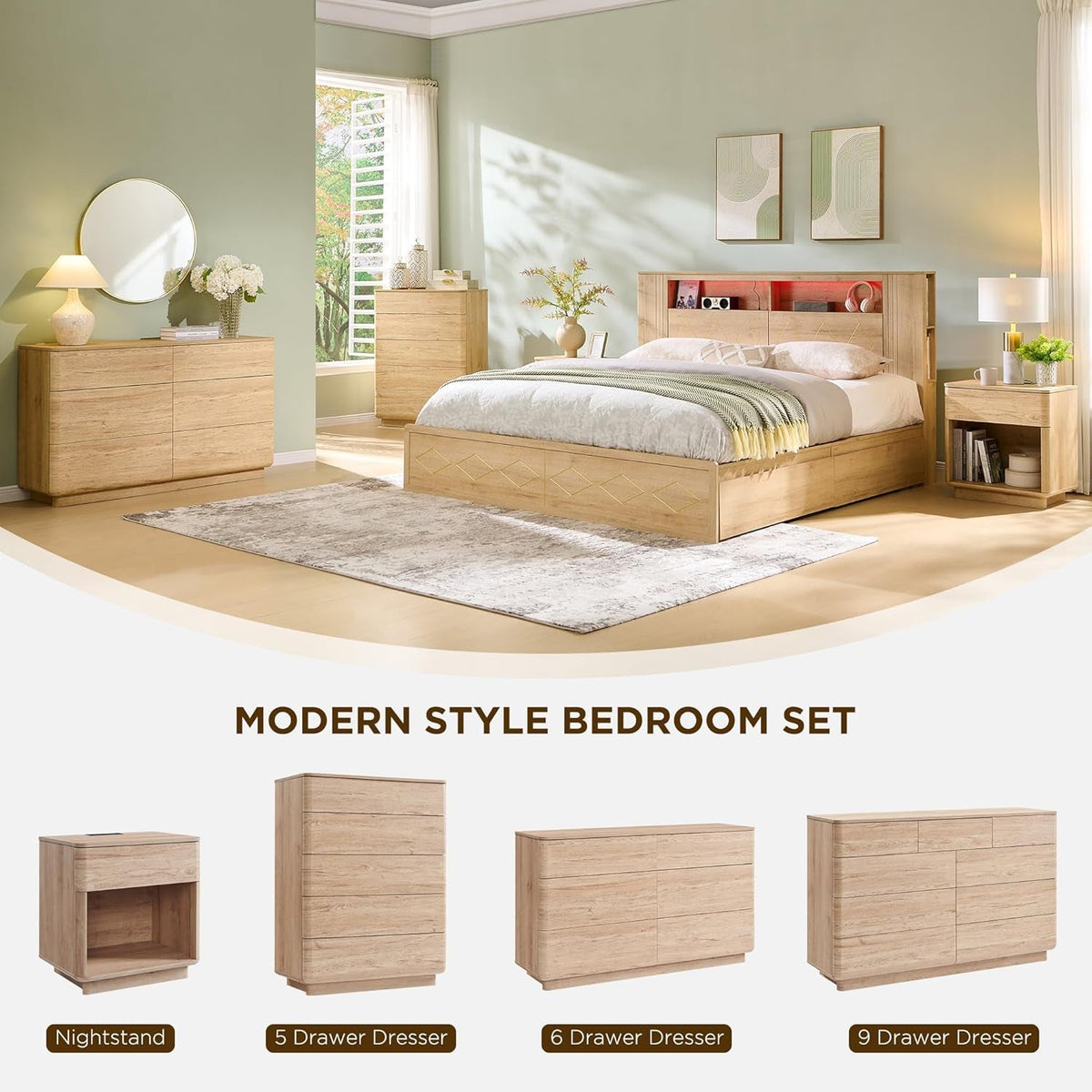 Natural Oak 52 Inch Wide Dresser For Bedroom Storage