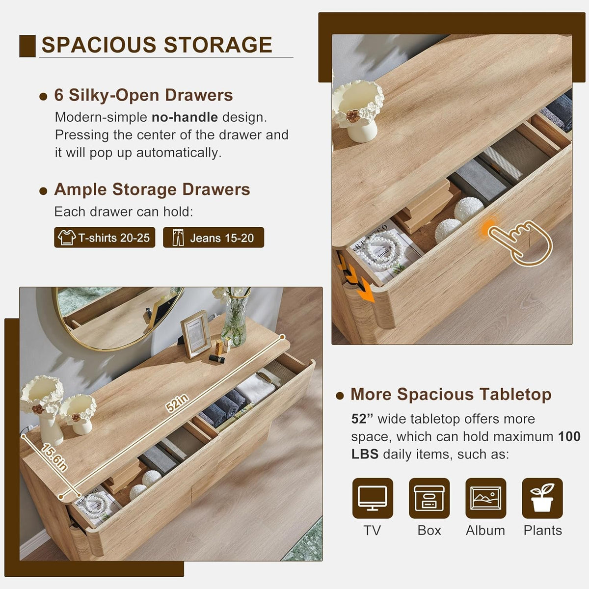 Natural Oak 52 Inch Wide Dresser For Bedroom Storage