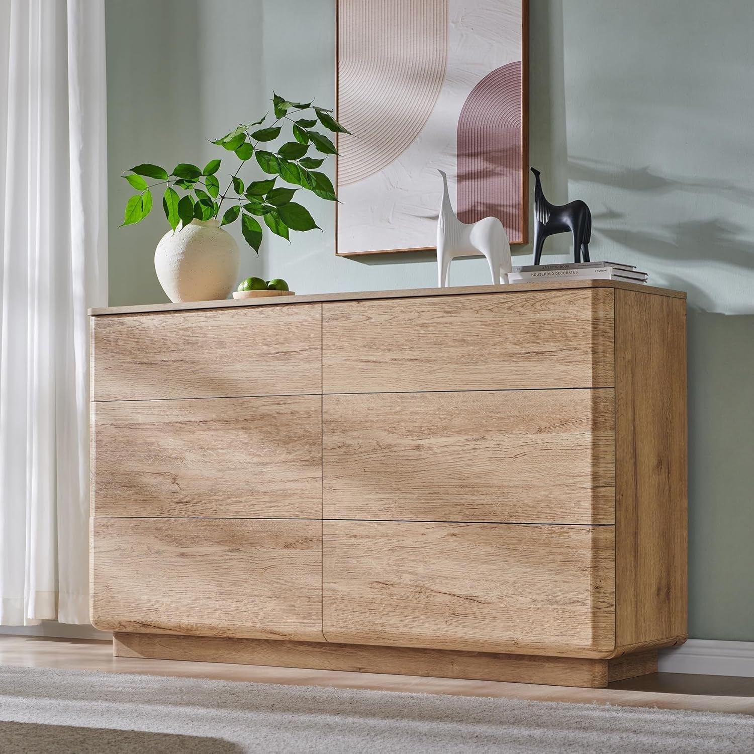 Natural Oak 52 Inch Wide Dresser For Bedroom Storage