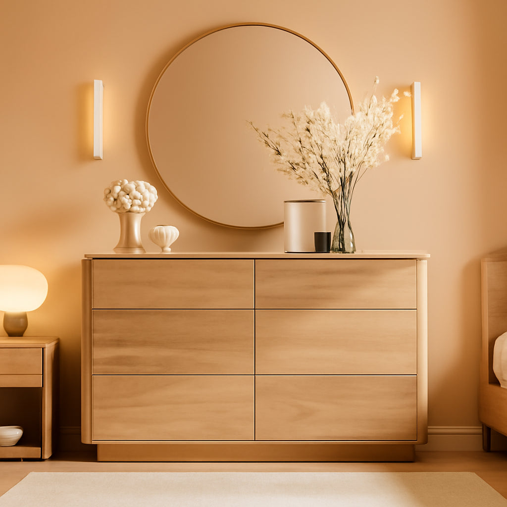 Natural Oak 52 Inch Wide Dresser For Bedroom Storage