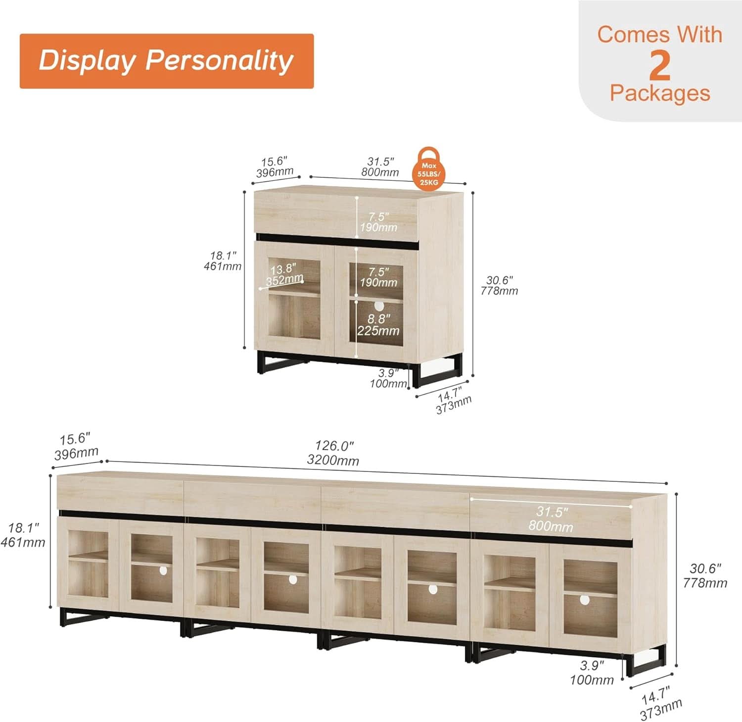 Natural Oak Contemporary Sideboard With Glass Doors