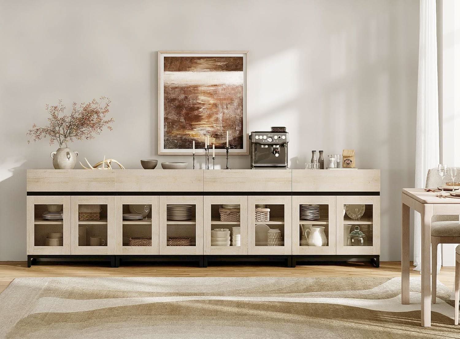 Natural Oak Contemporary Sideboard With Glass Doors