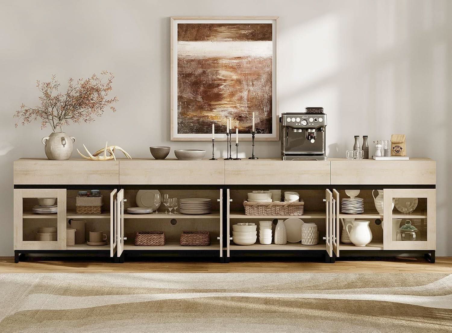 Natural Oak Contemporary Sideboard With Glass Doors