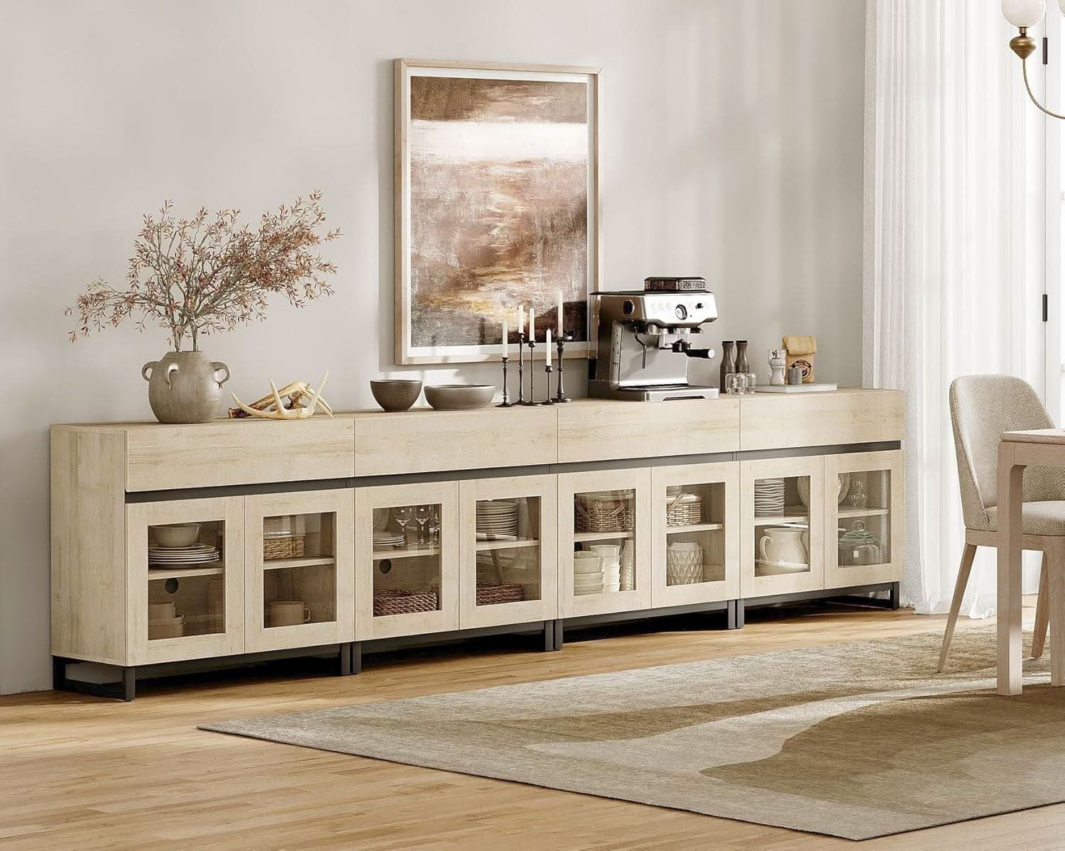 Natural Oak Contemporary Sideboard With Glass Doors