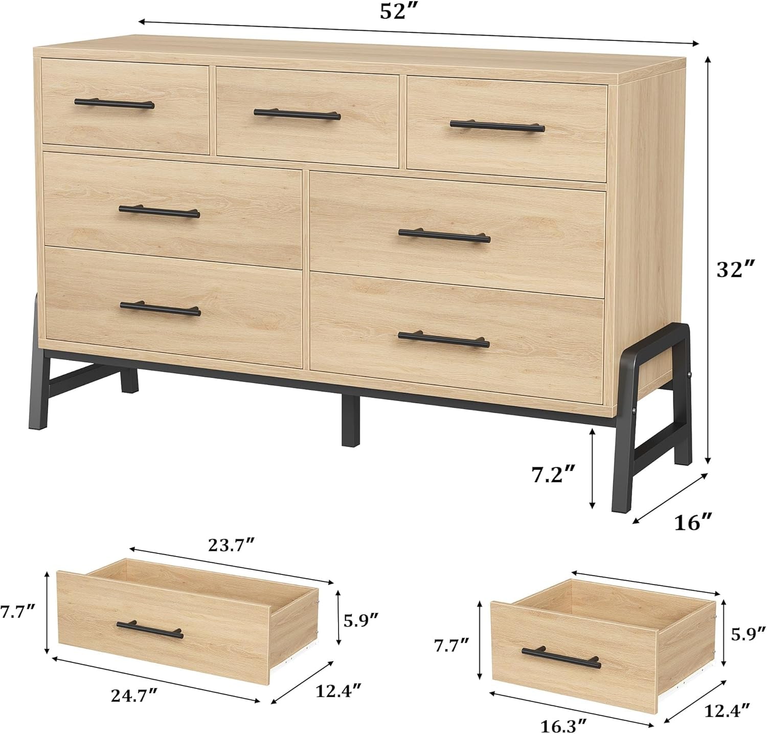 Natural Oak Dresser 52 Inch Wide Sleek Contemporary Bedroom