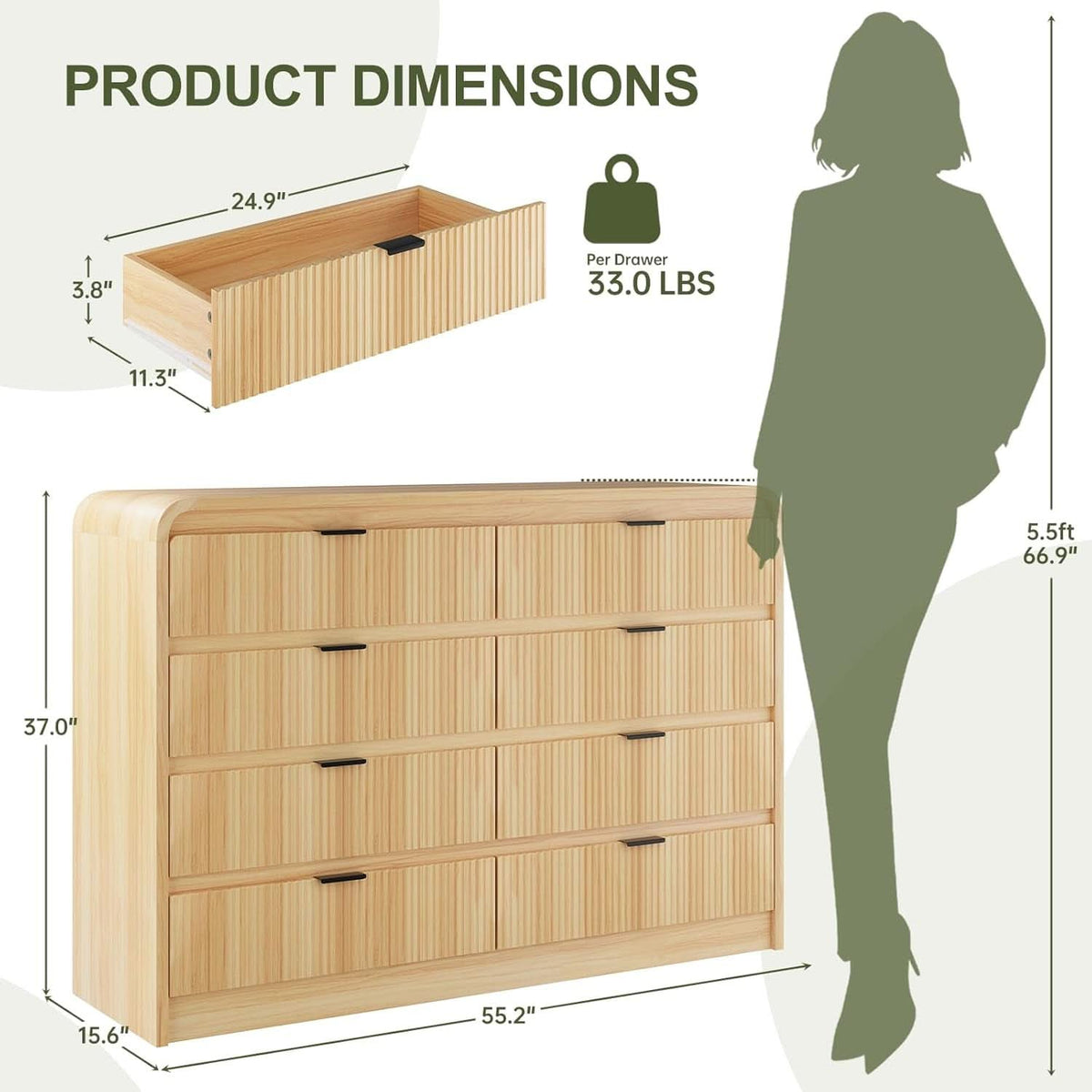 Natural Oak Fluted 8 Drawer Dresser 55 Inch Wide Bedroom