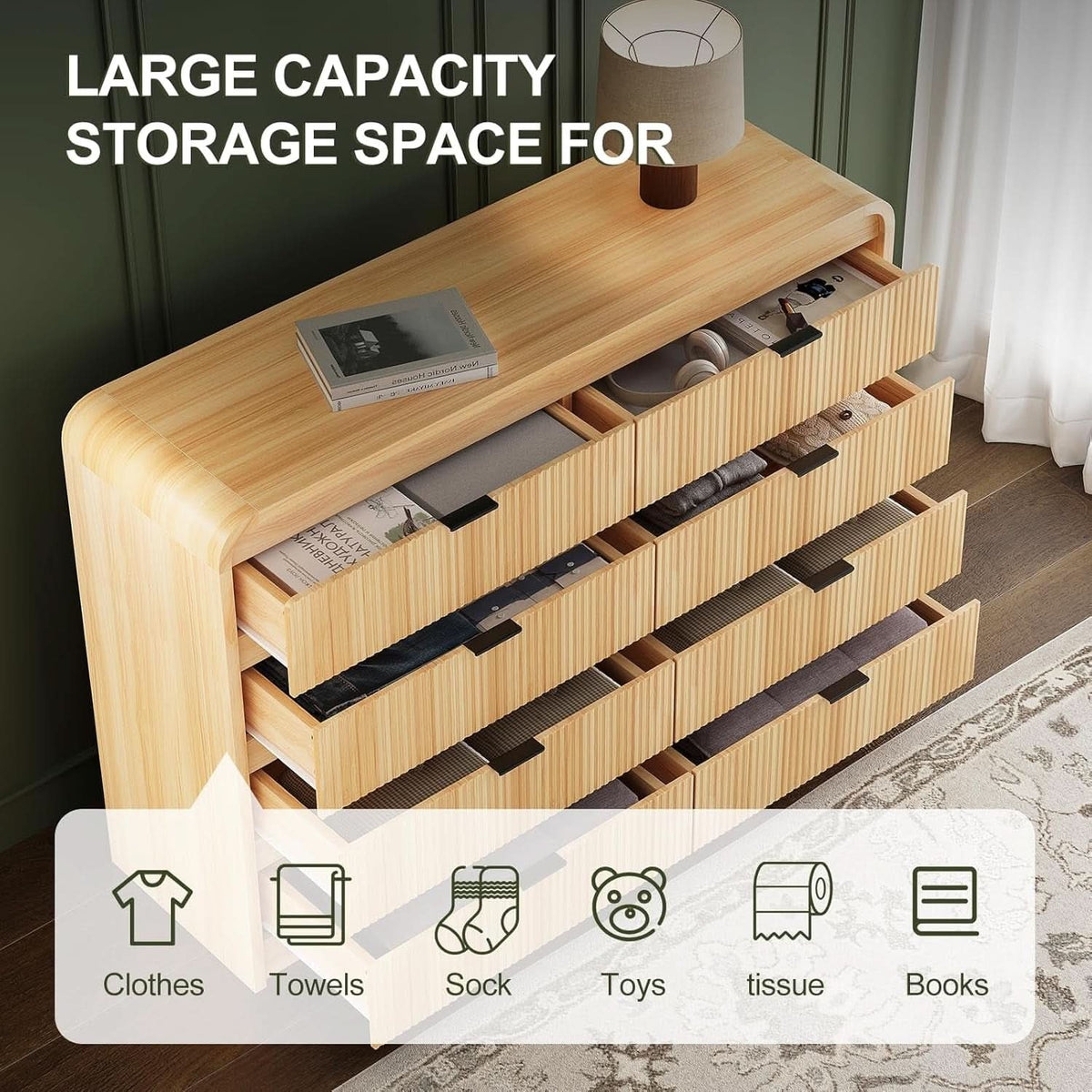 Natural Oak Fluted 8 Drawer Dresser 55 Inch Wide Bedroom