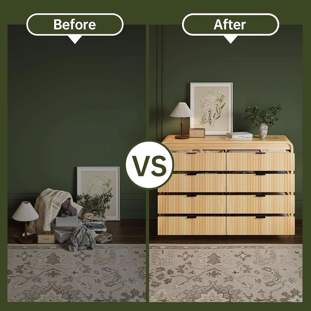 Natural Oak Fluted 8 Drawer Dresser 55 Inch Wide Bedroom
