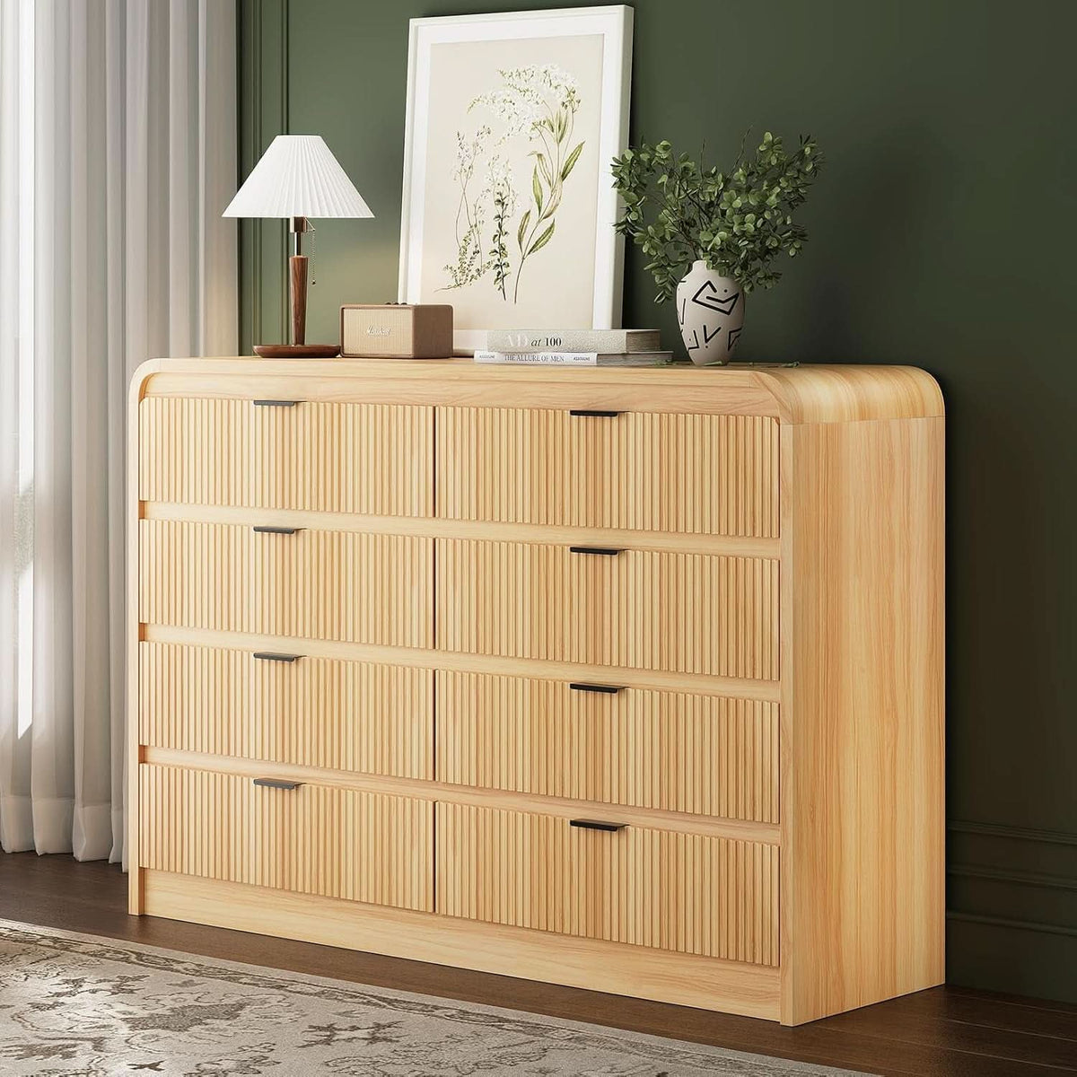 Natural Oak Fluted 8 Drawer Dresser 55 Inch Wide Bedroom