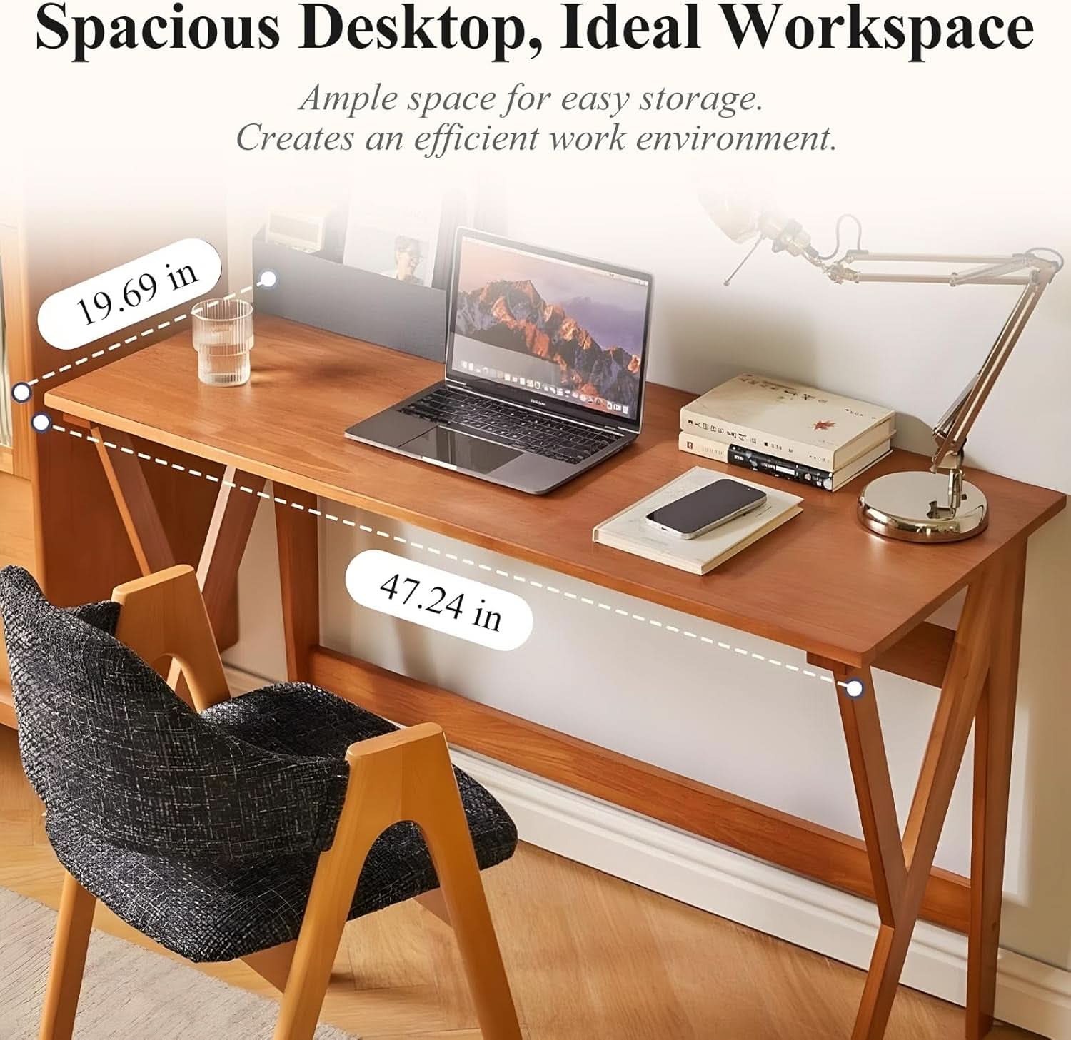 Natural Oak Industrial Style Solid Wood 47 Inch Wide Desk