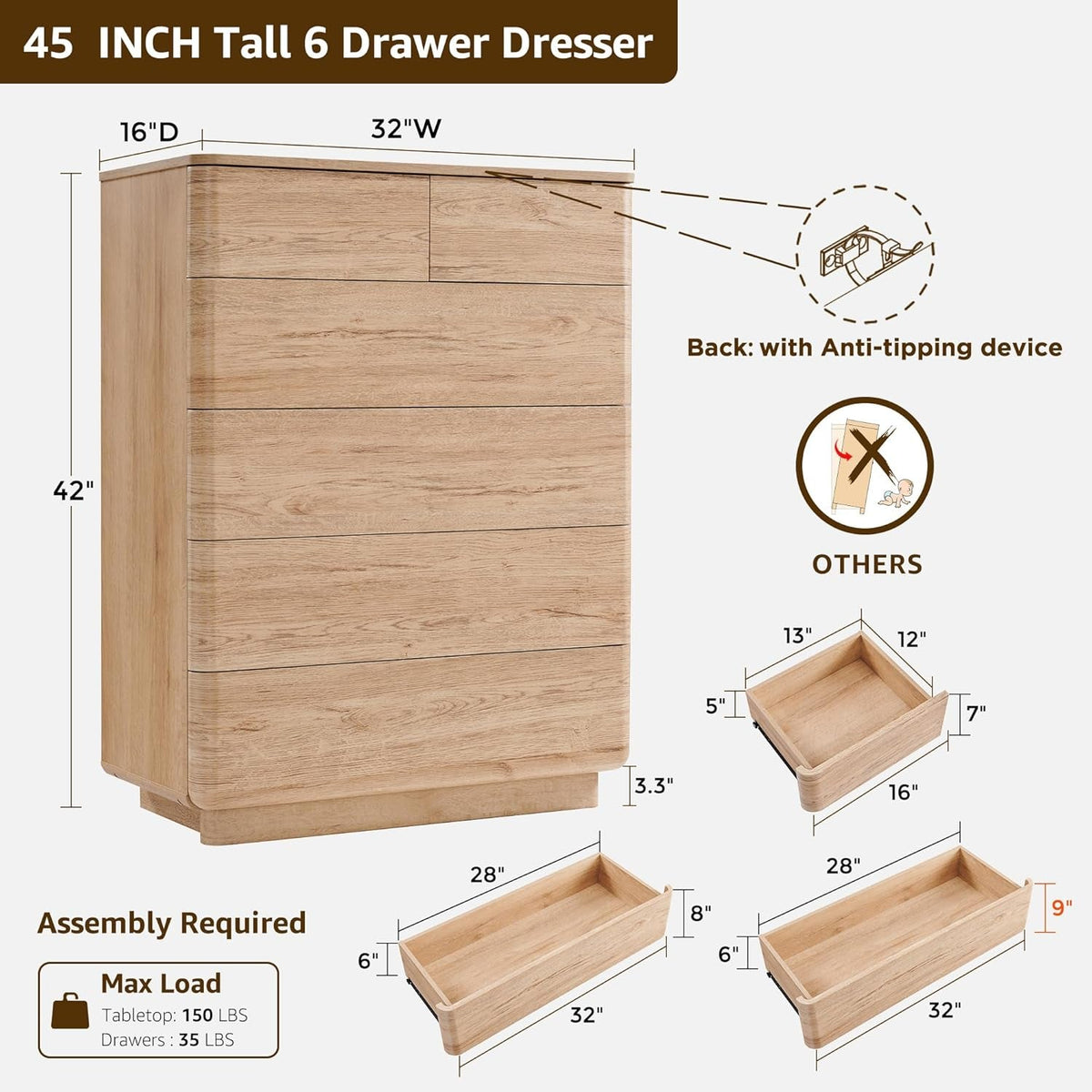 Natural Oak Push To Open 6 Drawer Dresser 42 Inch Tall