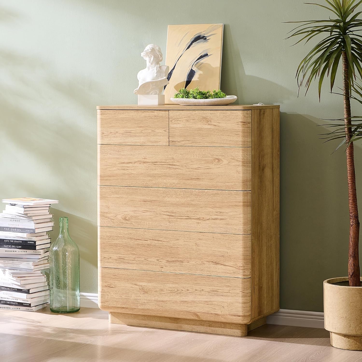 Natural Oak Push To Open 6 Drawer Dresser 42 Inch Tall