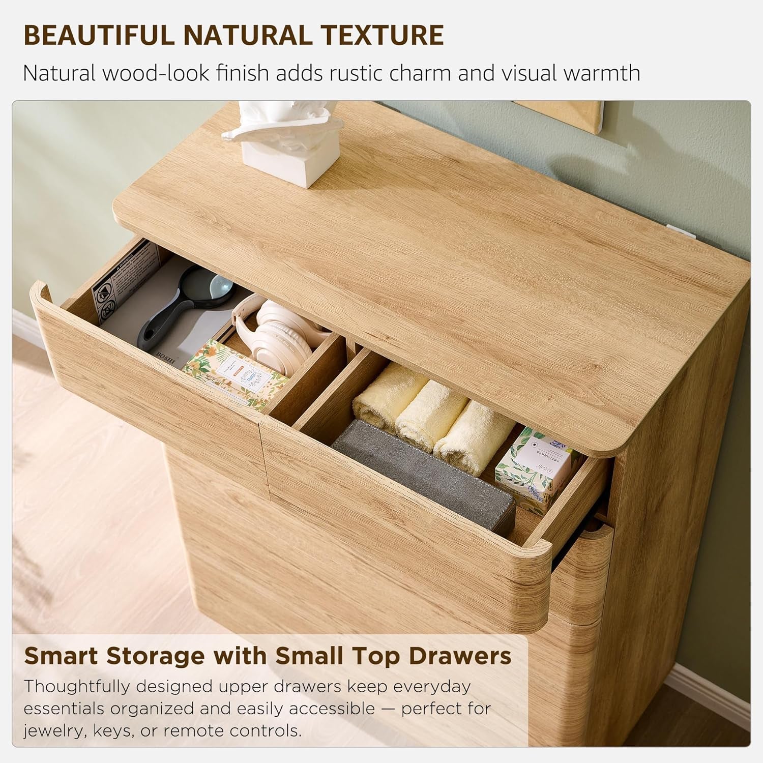 Natural Oak Push To Open 6 Drawer Dresser 42 Inch Tall