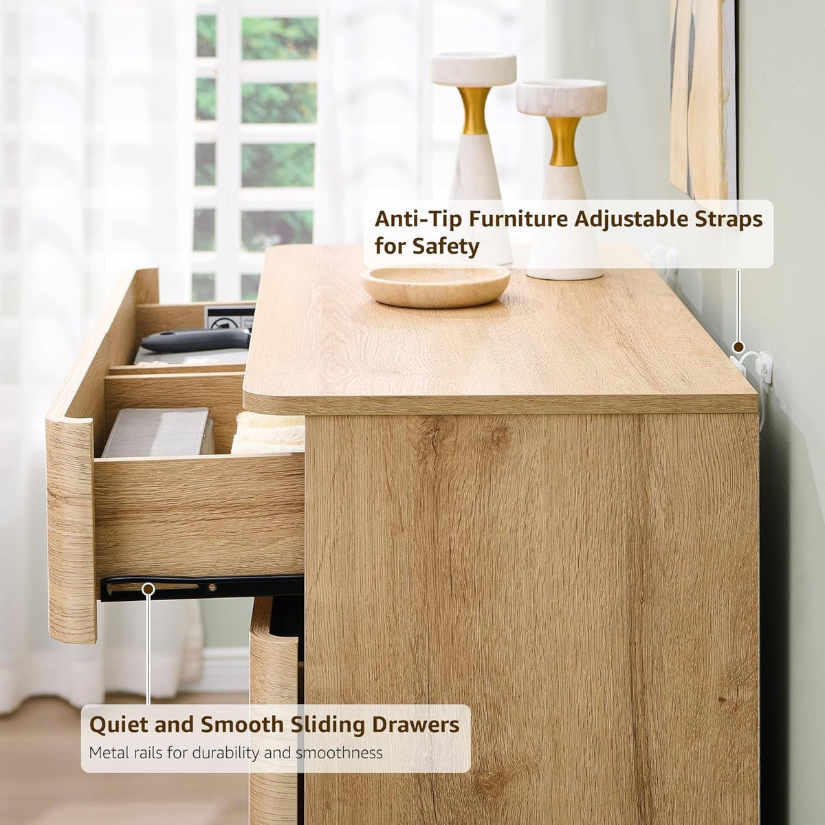 Natural Oak Push To Open 6 Drawer Dresser 42 Inch Tall