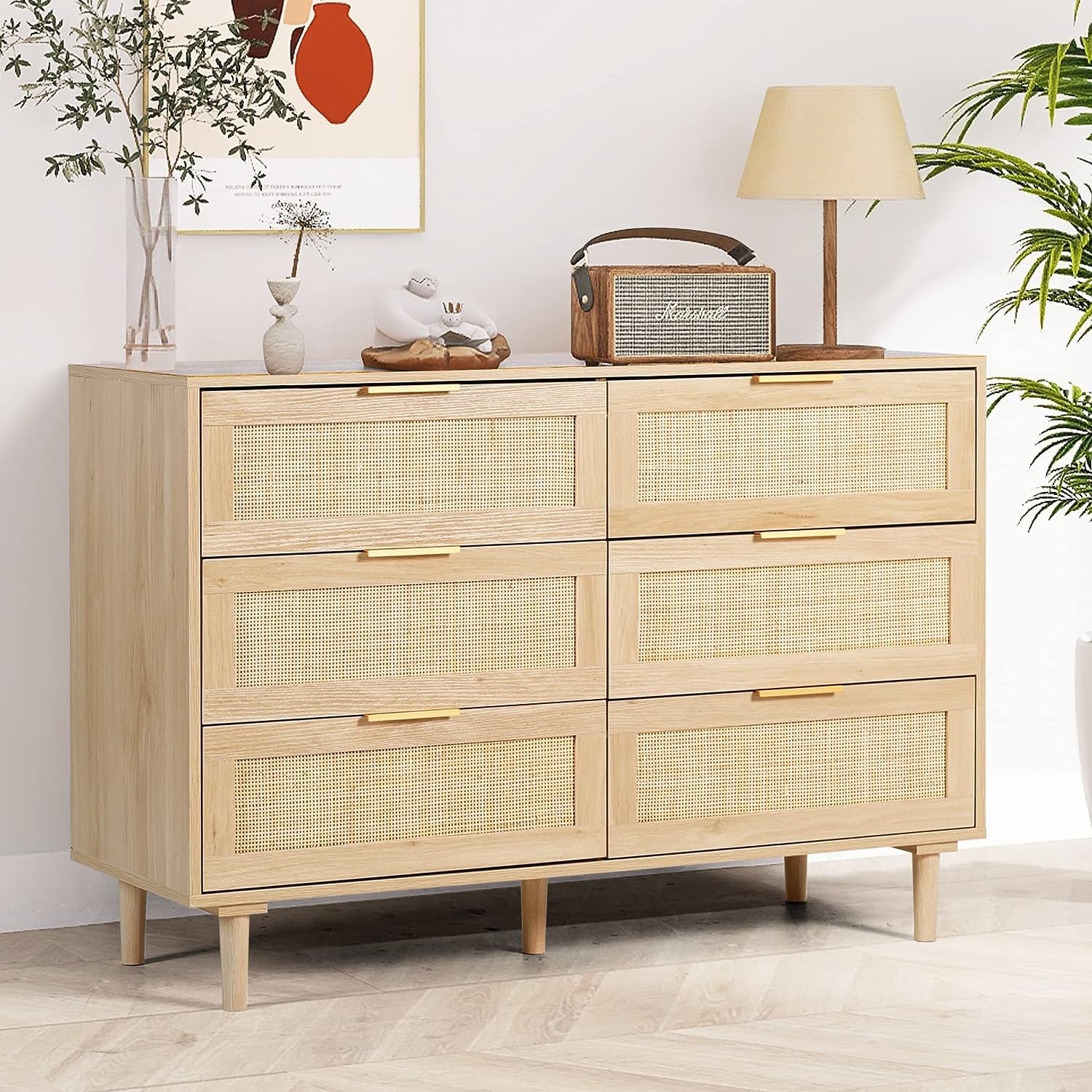 Natural Rattan 6 Drawer Dresser For Bedroom Storage