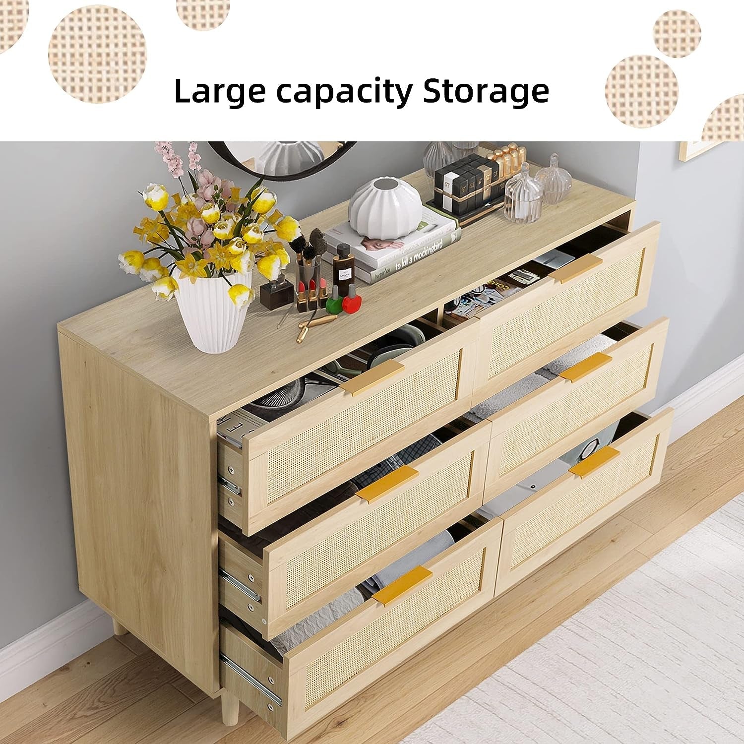 Natural Rattan 6 Drawer Dresser For Bedroom Storage