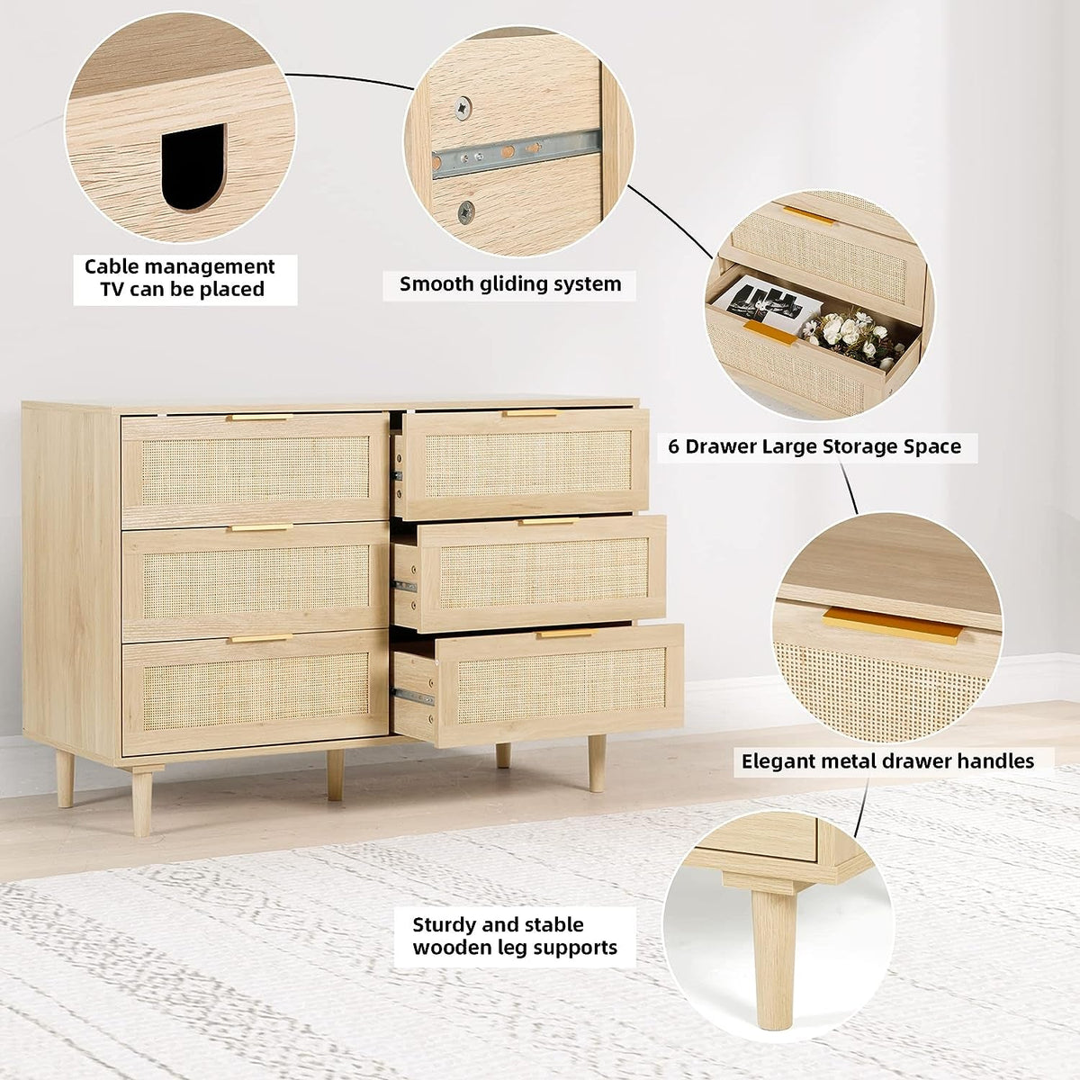 Natural Rattan 6 Drawer Dresser For Bedroom Storage